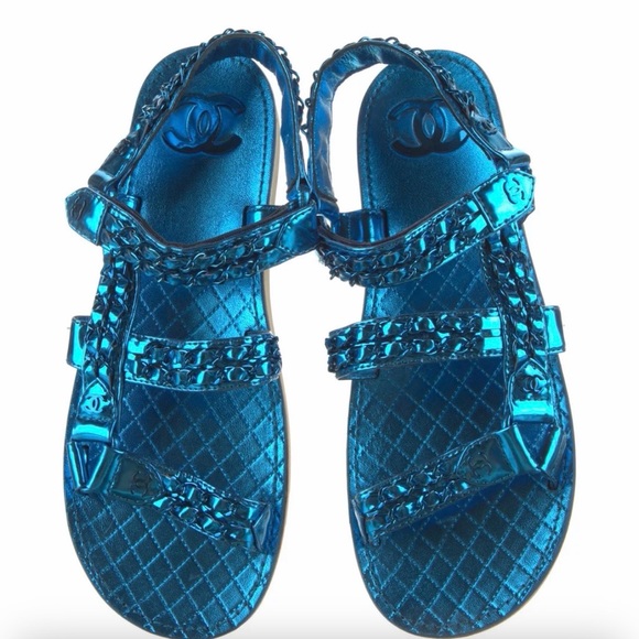 CHANEL Shoes - CHANEL Metallic Teal Blue Quilted Jelly Sandals with Chain Trim